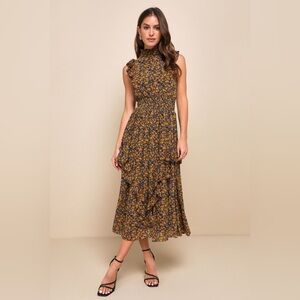 Lulu’s Evalina Mustard Yellow Floral Print Mock Neck Midi Dress